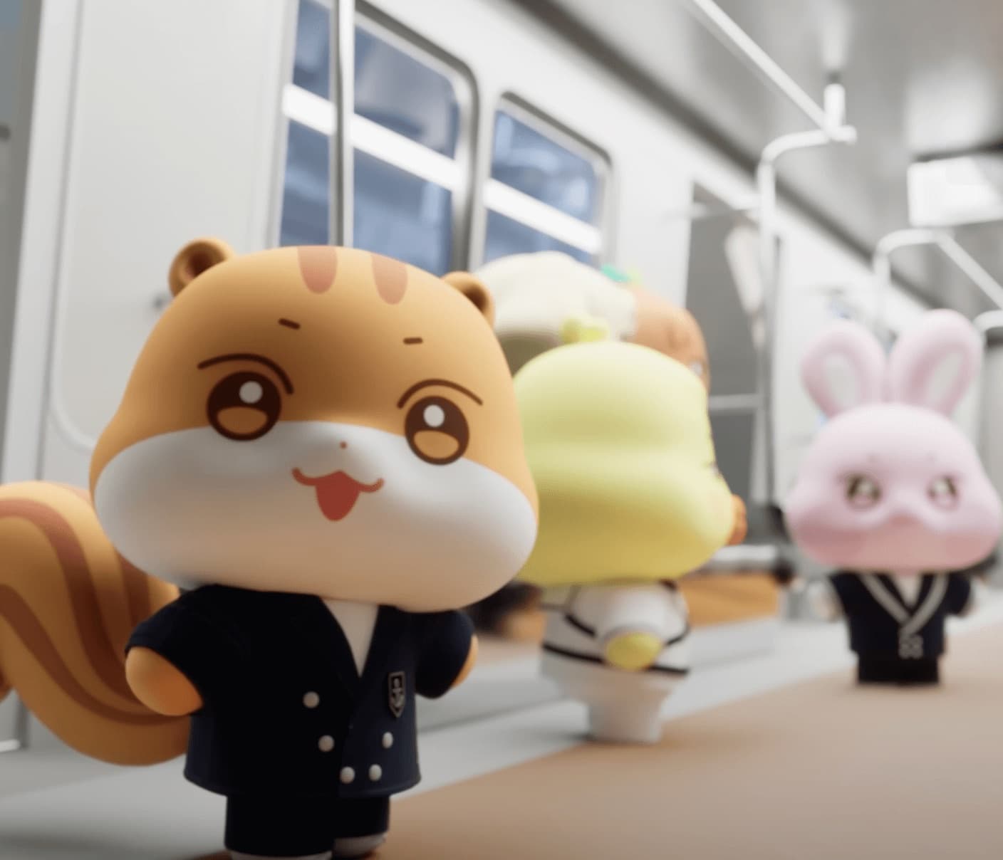 An ANITEEZ character in a school blazer aboard a train.