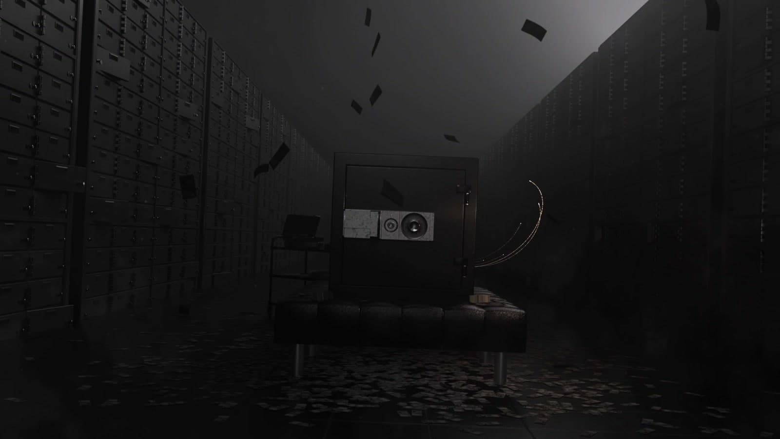 A safe suspended in a dark vault, threaded with gold light.