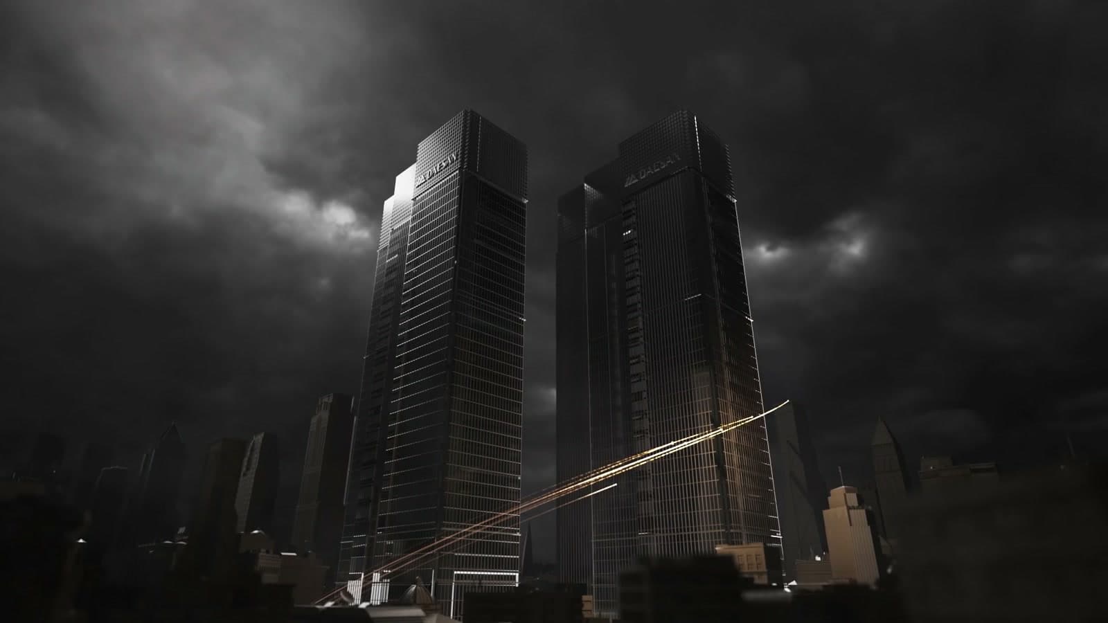 Two towers rise into a stormy sky, crossed by golden trails.
