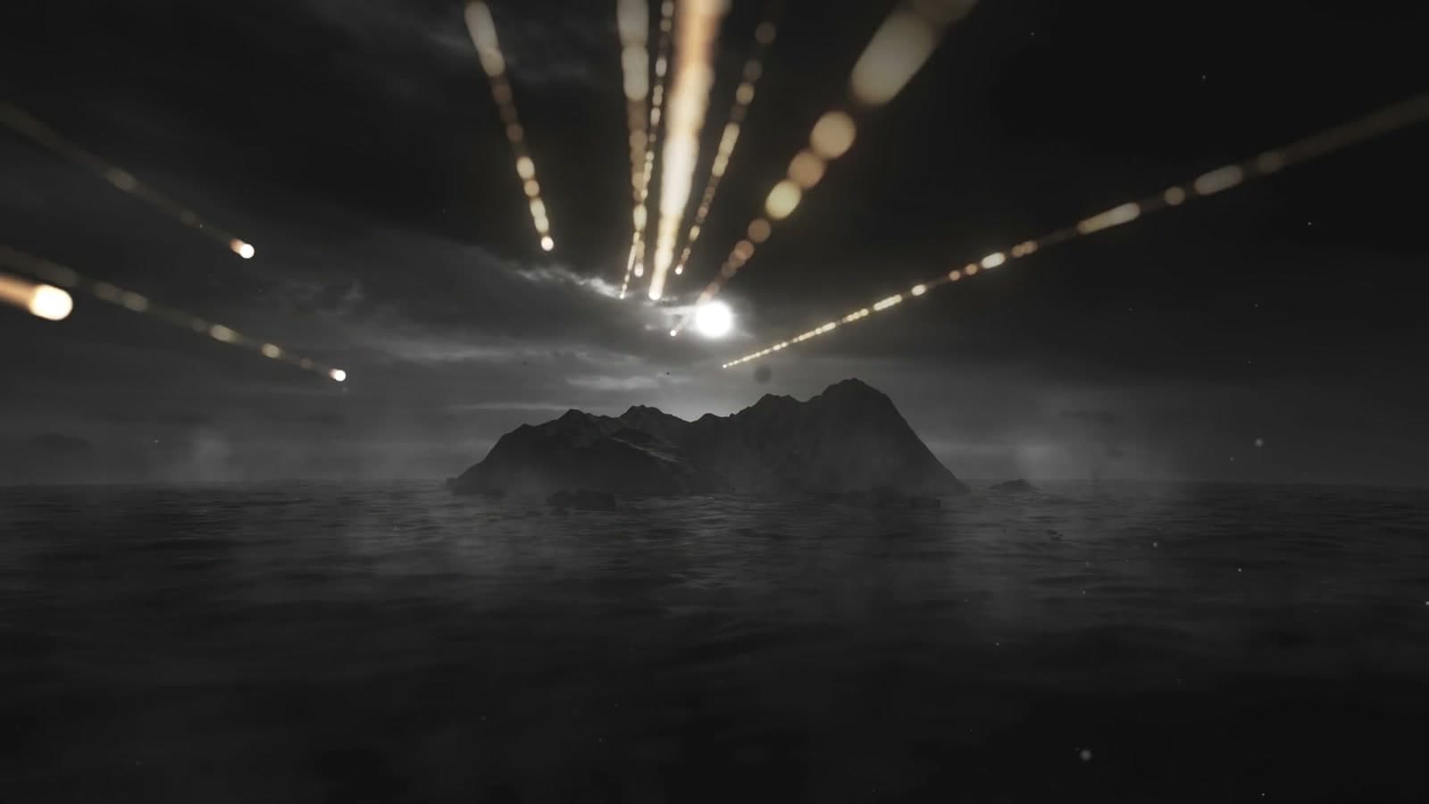 Golden trails of light arc over a dark island beneath storm clouds.